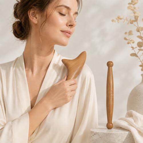 Sandalwood Massage Tools 2 Pcs Triangle Gua Sha Board & Acupressure Stick Ergonomic Massager Wood Stick for Foot, Head, Neck, Hands, Legs