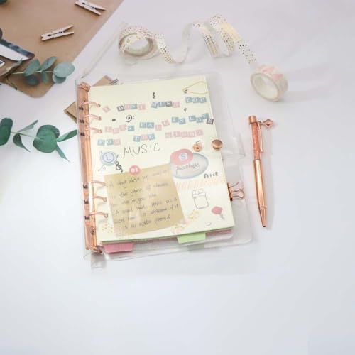 Personal A5 Binder Cover 6-Ring Planner Cover Clear Glitter PVC Refillable Notebook Shell Rose Gold Ring Binder with Snap Button Closure for 6-Ring Planner Loose Leaf Folder - color: Glitter Cover + Rose Gold Binder, size: Personal A5