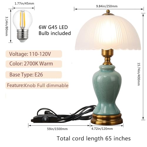 Ceramic Table Lamp Dimmable for Living Room, 16" Modern Vintage Bedside Nightstand Lamps with White Glass Shade,Classic Chinoiserie Retro Bedroom Lamp for Night Stands, Dorm,Office, Home Decor - color: Green vase