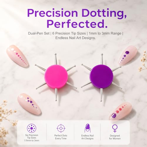 2pcs Nail Dotting Tool, 6-in-1 Metal Dotting Tool Nail Art, 2 Colors - color: Purple, Pink, 2pcs