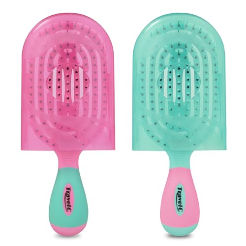 NuWay® TravelC® Scalp Care Hair Brush Combo Set with Patented Travel Cases – 2-Pack Vented Travel Brushes for Scalp Massage, Blow-Dry Styling, Wet & Dry Hair, All Hair Types (Pink & Teal) - color: Pink & Teal