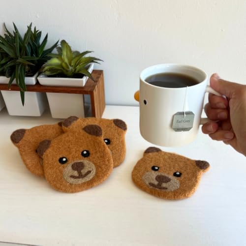 Humble Hilo Handmade Animal Felt Coaster Set of 4, Absorbent Coaster for Animal Lover (Bear) - color: Bear