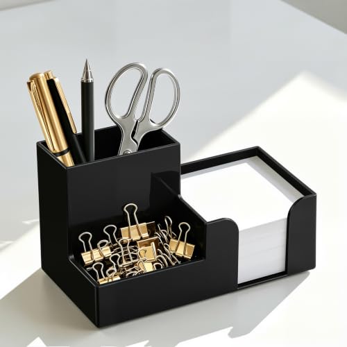HBlife Acrylic Pen Holder for Desk, 3-Compartment Small Desk Organizer, Black Office Supplies Desk Accessories with Sticky Notes Holder Stores Post It Notes 3X3 for Office, Home and School - color: Black, size: 6.35”x 3.35” x 3.6”