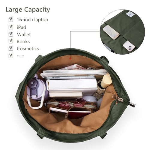 KALIDI Women Corduroy Tote Bag Zipper Casual Tote's Handbag Big Capacity Shoulder Bag with Pockets - color: D-army Green