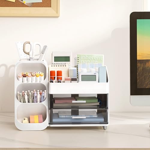 HBlife Desk Organizer with Pen Pencil Holder for Desk, Pen Organizer with 2 Drawers, Desk Organizers and Accessories with 4 Compartments, Desktop Storage for Office Home School Art Supplies, White - color: White