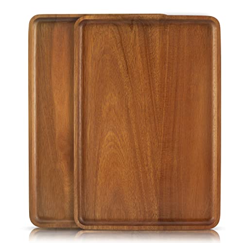 2 PCS 13 x 9 in Solid Acacia Wood Serving Trays Rectangular Wooden Serving Platters Natural Wooden Boards for Bar Coffee Party - color: Brown, size: 13" x 9"