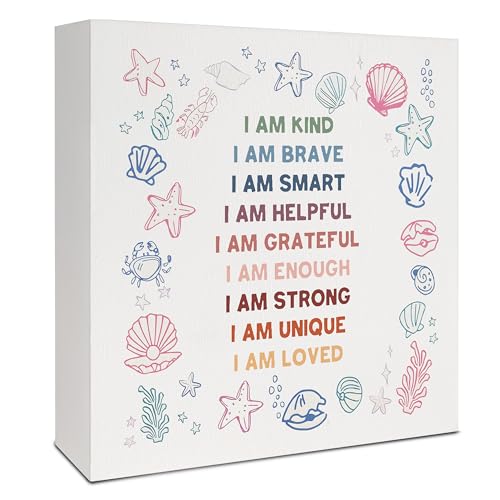 Ocean Under the Sea Nursery Kids Decor, Positive Affirmations for Kids, Preppy Coastal Beach Nautical Wood Signs for Nursery Classroom Boys Girls Room Playroom Desk Table Shelf, 5x5 Inch - color: I AM