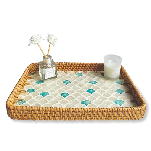 Rattan Rectangle Tray with Mother of Pearl Inlay – Unique Decorative Rattan Serving Tray for Coffee Table, Bathroom Vanity, Perfume & Nightstand – Ideals for Housewarming (Fin 11.8") - color: Fin 11.8"