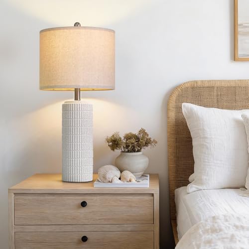 PoKat 27.5'' Tall Table Lamps for Living Room Set of 2, Stone-Like Ceramic Bedroom Lamps for Night Stands, Farmhouse Bedside Lamps for Bedroom Living Room, Nightstand Lamps for End Table, Hallway - color: Stone White
