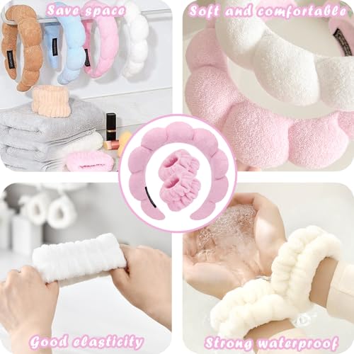 Tetizo Spa Headbands for Washing Face Wristband Set Sponge Makeup Skincare Headband Wrist Towels Bubble Soft Terry Towel Cloth Hairband for Women Puffy Headwear Non Slip Thick Hair Headwear (Pink) - color: Pink