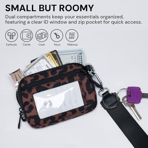 Wristlet Wallet for Women with Clear ID Window, Zip Coin Purse and Keychain - color: Brown Leopard Print