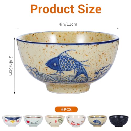 Retro Ceramic Bowls Set for 6, 4.5 Inch Japanese Chinese Bowl Small Hand-Painted Floral Plum Ceramic Bowls for Soup Rice Cereal Dessert Snack Fruit Salad Noodles, Dishwasher Microwave Safe