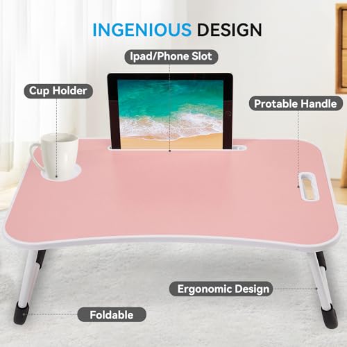 BUYIFY Folding Lap Desk, 23 Inch Portable Wood Blue Laptop Bed Desk Lap Desk with Cup Holder, for Working Reading Writing, Eating, Watching Movies for Bed Sofa Couch Floor-Pink 02 - color: Pink