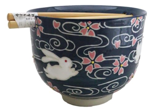 Ebros Gift Artistic Donburi Ramen Udon Noodles Soup Salad 5" D 18Oz Bowl With Bamboo Chopsticks And Built In Rest Set Asian Dining Kitchen Accent (White Rabbit With Sakura Cherry Blossoms) - color: White Rabbit With Sakura Cherry Blossoms