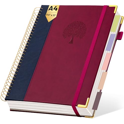 Yoment Hardcover Spiral Notebook 8.5" x 11" 5 Subject Notebook with Tabs - color: Burgundy