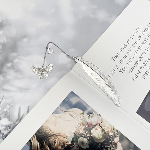 Initial Letter and Butterfly Charm Metal Feather Bookmark (Silver-L) - style: Silver-L