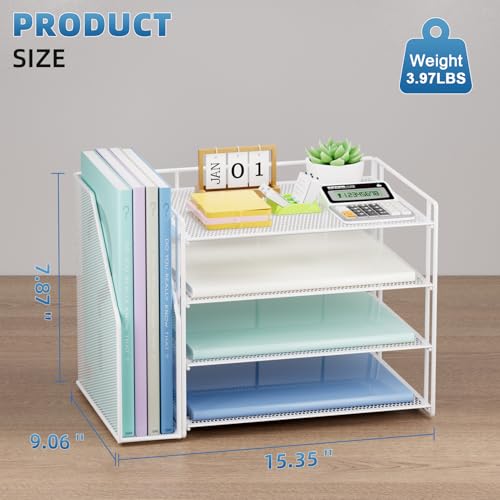 Marbrasse 4-Tier Paper Tray Organizer with File Holder, White - color: White