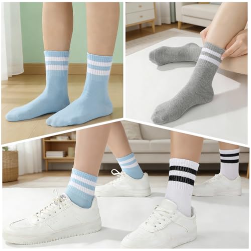 Womens White Crew Socks 6 Pair Striped Trim Casual Crew Socks - color: Blue, Purple, White, Black, Gray, Light Pink