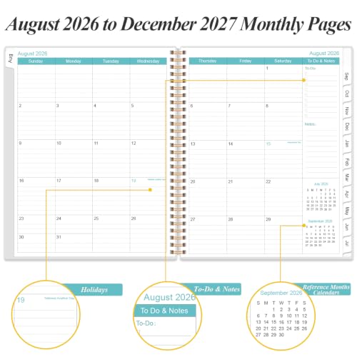 2026-2027 Monthly Planner - 17 Monthly Calendar, August 2026 - December 2027, Two Pages Per Month, 9" x11" Planner with Tabs, Strong Twin-Wire Binding, Inner Pocket, Rose Flowers - color: Rose Flower, size: 9" x 11"