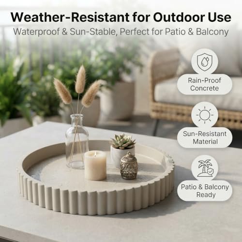 Round Solid Concrete Tray, Fluted Centerpiece for Coffee Table Decor 11" - color: Grey Color
