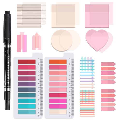 1450 Sheets Transparent Sticky Notes, 3 x 3 inch Aesthetic Clear Lined Sticky Notes with Pen, Gradient Color Waterproof Self-Adhesive Annotation Tabs for Bible Journaling (Pink) - color: Pink