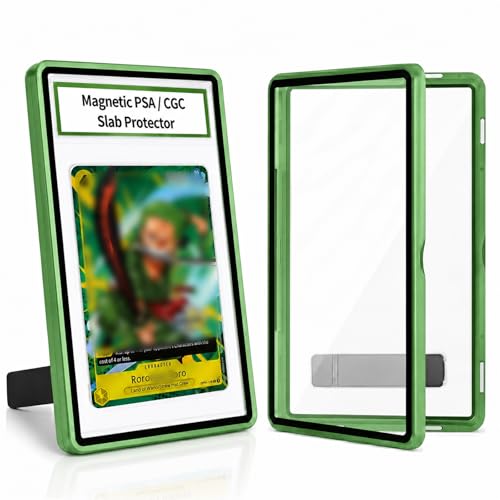 Magnetic PSA/CGC Slab Protector with Foldable Kickstand - UV Protection Tempered Glass & Aluminum Metal Bumper for 35PT PSA CGC CSG AGS, 9-Point Secure Lock Display Guard & Clear View (Green) - color: Green, size: PSA Card Case