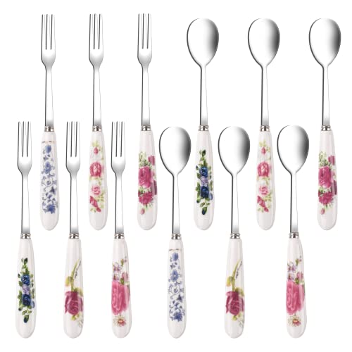 JEPELUS 12Pcs Forks and Spoons with Ceramics Handle, Flatware Set for 6