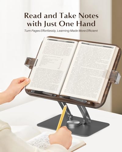 Book Stands for Reading,Adjustable Book Holder with 360° Rotating Metal Base,Foldable Cookbook Stand, Reading Hands Free with ABS Expandable Page Clips for Recipe,Textbook,Laptop - color: Gunmetal