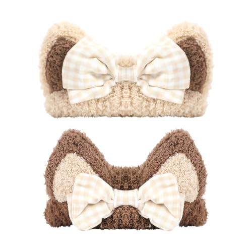 PERFECTSIGHT Kawaii Headband for Spa, Makeup, Washing Face, Party - 2 Pack Cute Cat Ear Hair Band for Shower Beauty Skincare, Soft Facial Headbands for Girls and Women (Beige+Coffee Bow) - color: Beige+Coffee Bow