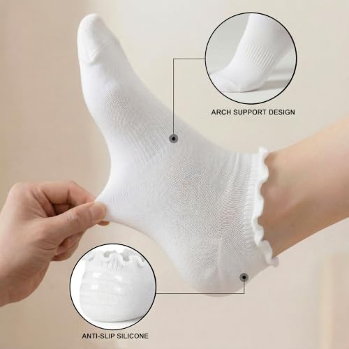 6 Pairs No Show Socks for Women Ruffle Socks Cute Ankle Socks - color: White（6 Pairs）