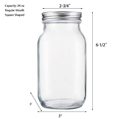 Jucoan 12 Pack 24 oz Glass Mason Jar Canning Jar with Silver Airtight Metal Lids, Regular Mouth Glass Jars for Preserving Fruits, Vegetables, Pickles, Tomato Juices and Sauces, Square Shape