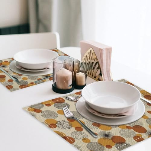 Abstract Geometric Place Mats, Modern Hand-Drawn Doodle Circles Seamless Pattern, Polyester Linen Placemats Set of 4, Durable Water-Resistant Table Mats for Kitchen Dining Room Party 12"x18" - color: Brown Geometric, size: 12x18"Placemats x4