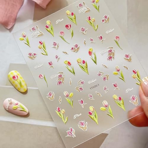 3D Bloom Tulip Nail Stickers,Flowers Nail Art Stickers for Nails Press on, Decals for Spring Nails, French Manicure Decals Supplies and Design Sticky tabs Tools for Women, 2 Sheets