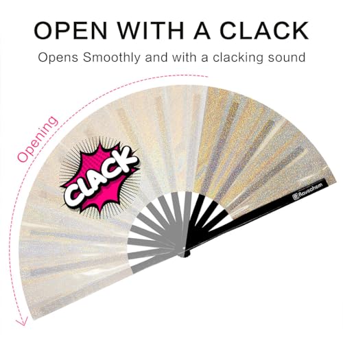 Large Rave Fan, Clack Folding Hand Fan with Premium Fabric, Thick Bamboo Frame for Men Women Gift for EDM, Festival, Club, Party, Dance, Decoration (Lridescent Beige, 13") - color: Lridescent Beige, size: 13"