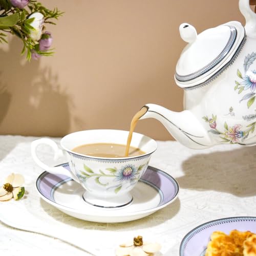 Bone China Tea Set, 21-Pieces Porcelain Tea Set for Adults, Tea Cups And Saucers for 6, with Teapot, Spoons, Sugar Bowl, Creamer Pitcher, Vintage Tea Set for Women Tea Party (Purple) - color: Purple