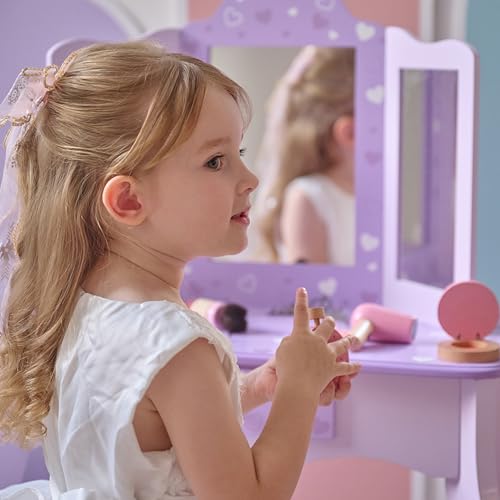 Teamson Kids Classic Hearts Prints Gisele Wood Play Vanity Set, Purple - color: Purple