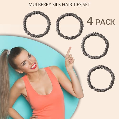 100% Mulberry Silk Hair Ties 4PCS, Silk Scrunchies for Women - color: 4Pcs(Iron Gray*4)