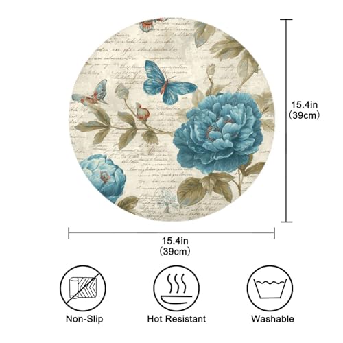Blue Flower Butterfly Retro Pattern Round Placemats Washable ‌Heat Resistant‌ ‌Non-Slip Place Mats Table Place Mat for Kitchen Dining Set of 6 - color: Blue Flower Butterfly Retro Pattern, size: 15.4x15.4inx6