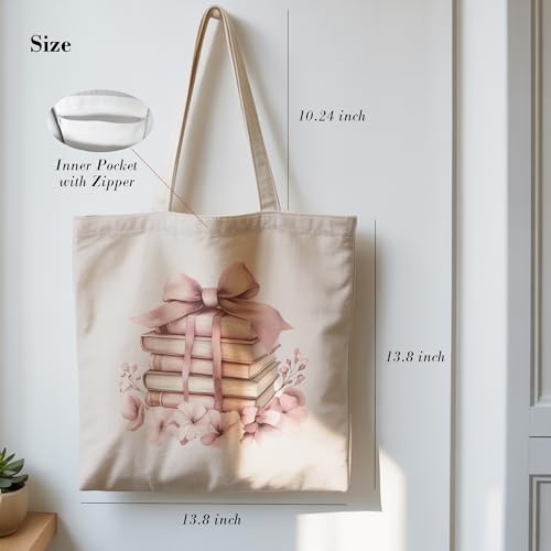 Aesthetic Canvas Tote Bag, Cute Reusable Bags for Women with Inner Pocket - color: White