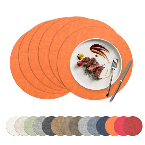 Placemats Set of 6, 15 Inch Round Faux Leather Place Mats - color: R-orange