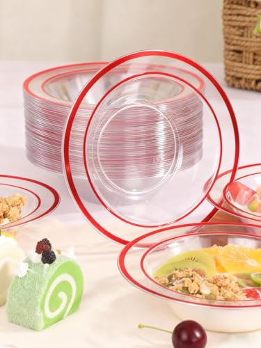 BESTSTAR 100 Pack clear Plastic Bowls with Red Rim - color: Red, size: 100 pack