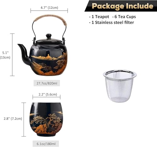 Gift Set Japanese Tea Set, Asian Black Glazed Ceramic Tea Set - Contains 1 Teapot, 1 Tea Strainer and 6 Teacups. Ideal for Home, Outdoor, Office (Black1) - color: Black1