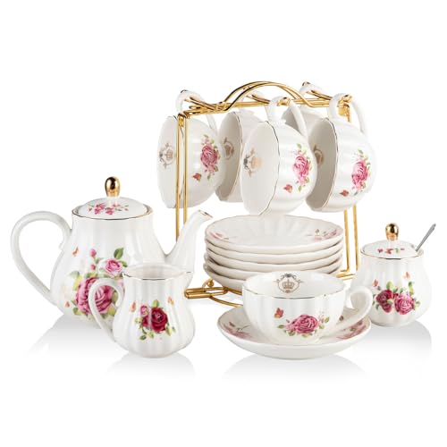 Porcelain Tea Sets British Royal Series, 8 OZ Cups & Saucer Service for 6, with Teapot Sugar Bowl Cream Pitcher Teaspoons and Tea Strainer, Suitable for High Tea, Wedding, Party (Midsummer Rose) - color: Midsummer Rose