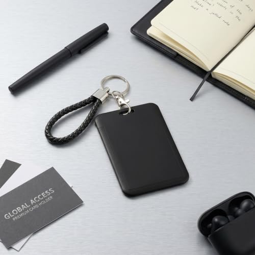 ID Card Badge Holder Key Chain with Metal Keyring, Plastic Slide Open with ID Window for Women Men Girls Students - color: Pure Black