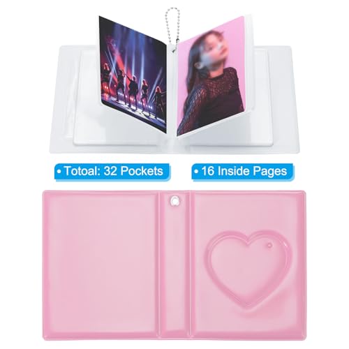 PATIKIL 3 Inch Mini Kpop Photocard Binder 2.5"x3.5" Album with 32 Pockets Small Bookshelf Love Heart Picture Holder Book for Collection, Pink - color: Pink