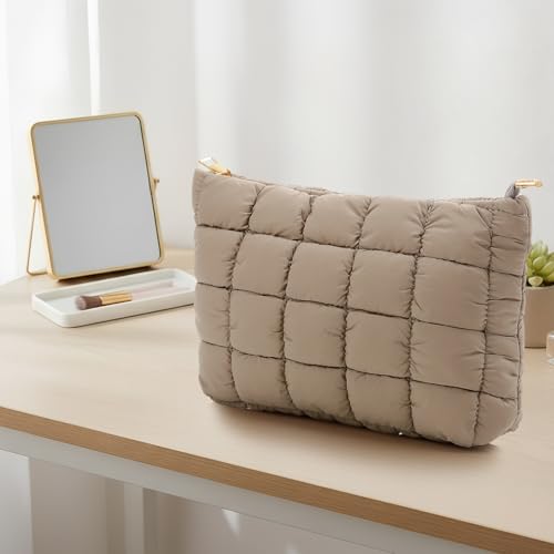 Hillban Light Tan Puffy Quilted Makeup Bag Cute Cosmetic Bag Gift, Classic - color: Light Tan, size: Classic