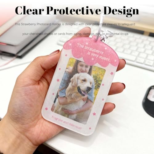 Strawberry Photocard Holder Keychain - Acrylic Photo Protector with Clear Protective Sleeves, Portable Badge Cover for Bus Card, Student ID (White) - color: White