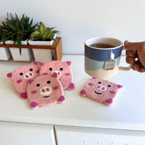 Humble Hilo Handmade Animal Felt Coaster Set of 4, Absorbent Coaster for Animal Lover (Pig) - color: Pig