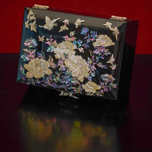 February Mountain Elegant Mother of Pearl Jewelry Organizer Box with Mirror Lid - Gifts for women birthday unique Anniversary Christams and Special Occasions - style: Peony Flowers