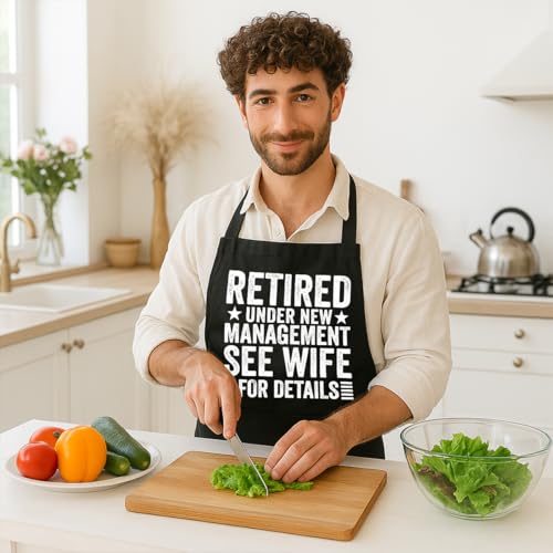 Funny Black Grill Apron with Pockets for Man,Dad,Husband,Father in Law,Chef Daddy Grilling Apron BBQ Cooking Gifts - color: Retired Gift